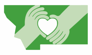 Icon of the outline of the state of Montana, with two hands meeting to make a heart in the middle. 